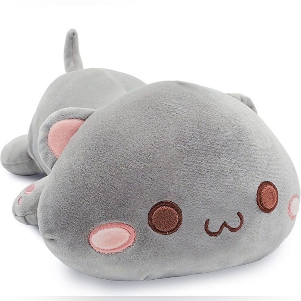 Soft Gray Kitty Cat stuffed plushie with embroidered toe beans